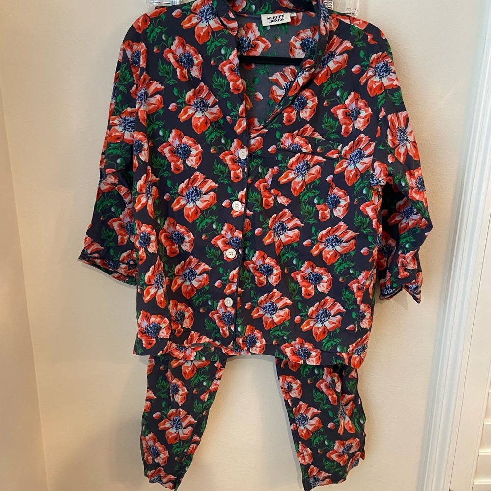 Sleepy Jones Marina Pajama Set Garden Floral Navy Cotton Size M - Picture 2 of 9